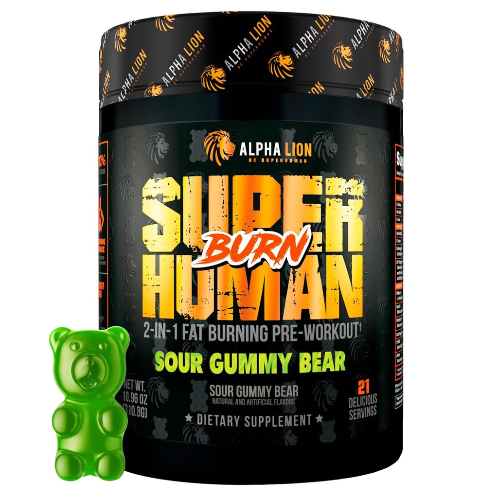 ALPHA LION Superhuman Burn - 2 מתוך 1 Metabolism Booster Pre Workout and Thermogenic Fat Burner for Men - Appetite Suppressant and Weight Supplement (21 משרתים, Sour Gummy Bear)