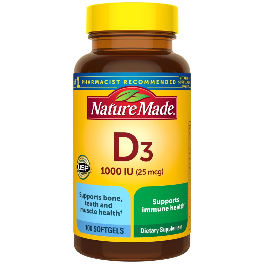 הטבע עשה ויטמין D3 1000 IU (25 mcg), ויטמין D עבור העצם, שיניים, שריר ותמיכה בריאות החיסון, 100 Softgels, 100 יום אספקה