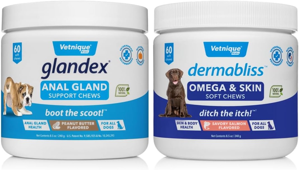 VETNIQUE Dermablis אומגה & Skin תוספת צ'יפס לכלבים (60ct) & Glandex Anal Gland לתמוך ב- Peanut Butter Soft Chews for Dogs (60ct)
