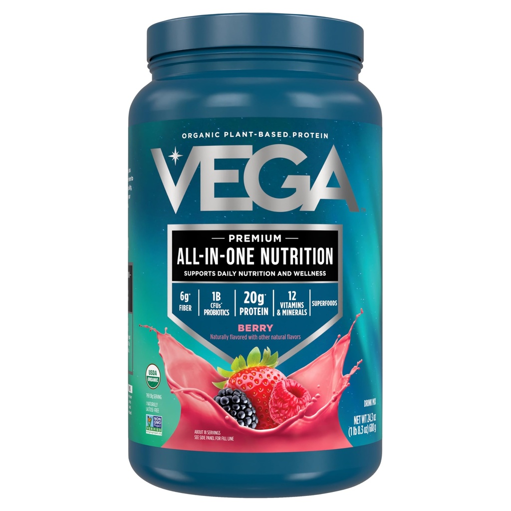 Vega All in One Nutrition אורגני - 20g Plant-based Pea חלבון, ברי, 20 משרתים, ויטמינים A & C, Probiotics, Greens, טבעוני, Keto, Gluten Free, 24.3oz (Packaging May Vary)