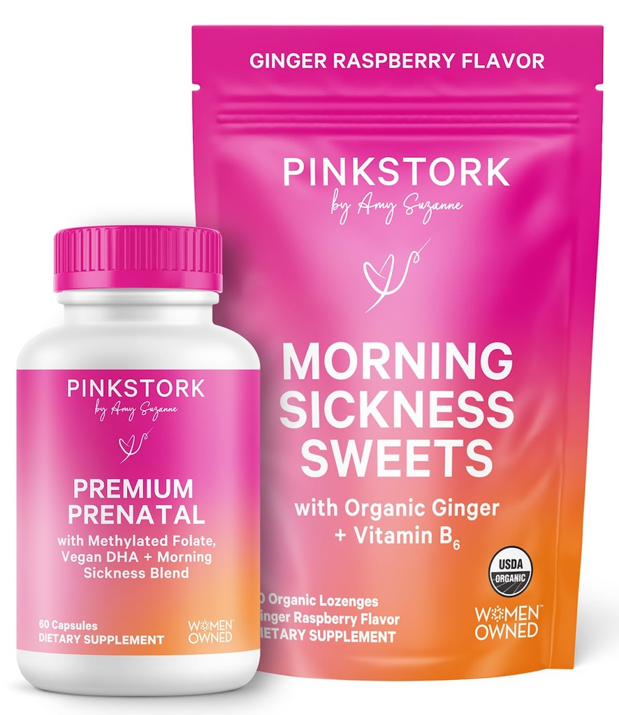 Pink Stork Morning Sickness Sweets Ginger Raspberry + Premium Prenatal Supplement - Morning Sickness Relief, Prenatal Multivitamin with Folate, Iron, and B Vitamins for Pregnancy Support Bundle