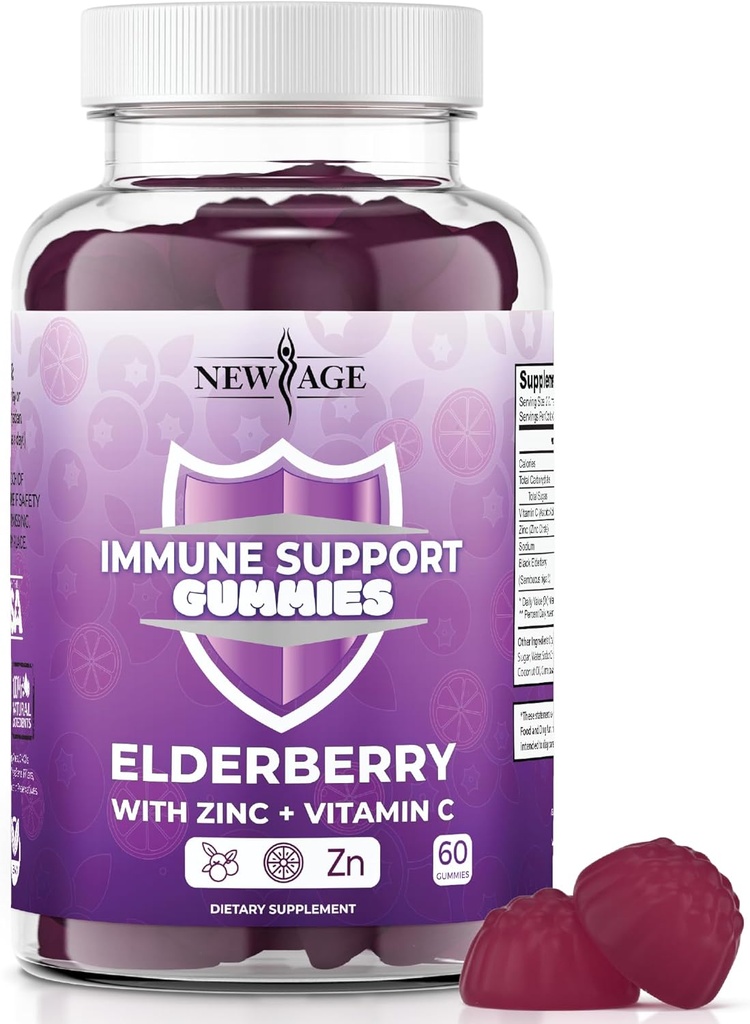 מערכת החיסון החדשה תומכת בחניכיים - Sambucus Black Elderberrymies עם ויטמין C ו- Zinc (Immune Support 60 Gummies)