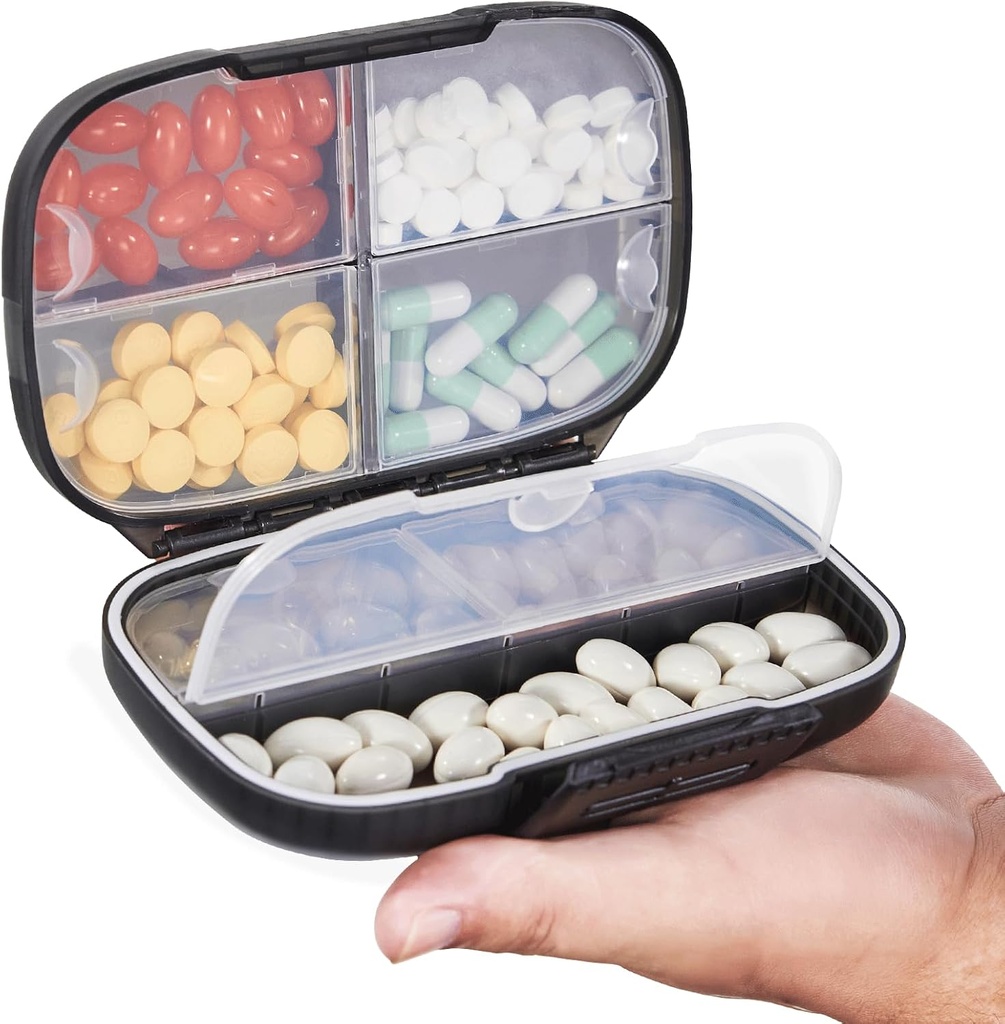 Sukuos Travel Pill ארגן שבועי עם Double Lock, Portable Pill Box עם 7 השוואתיות גדולות, Airtight Daily Medicine Case Container עם תוויות עבור ויטמינים / Fish Oils/Supplements
