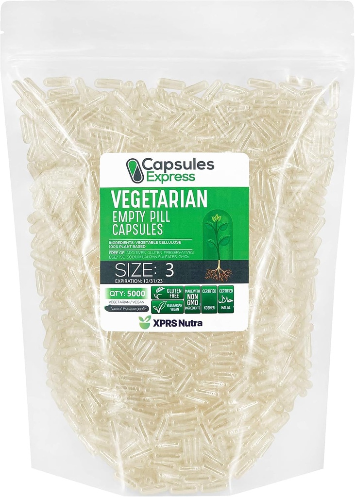XPRS Nutra Size 3 קפסולות ריקות - 5000 Count Clear Vegan קפסולות - גלולות ריקות צמחוניות - קפסולת ירקות DIY מילוי - Veggie Pill Caps