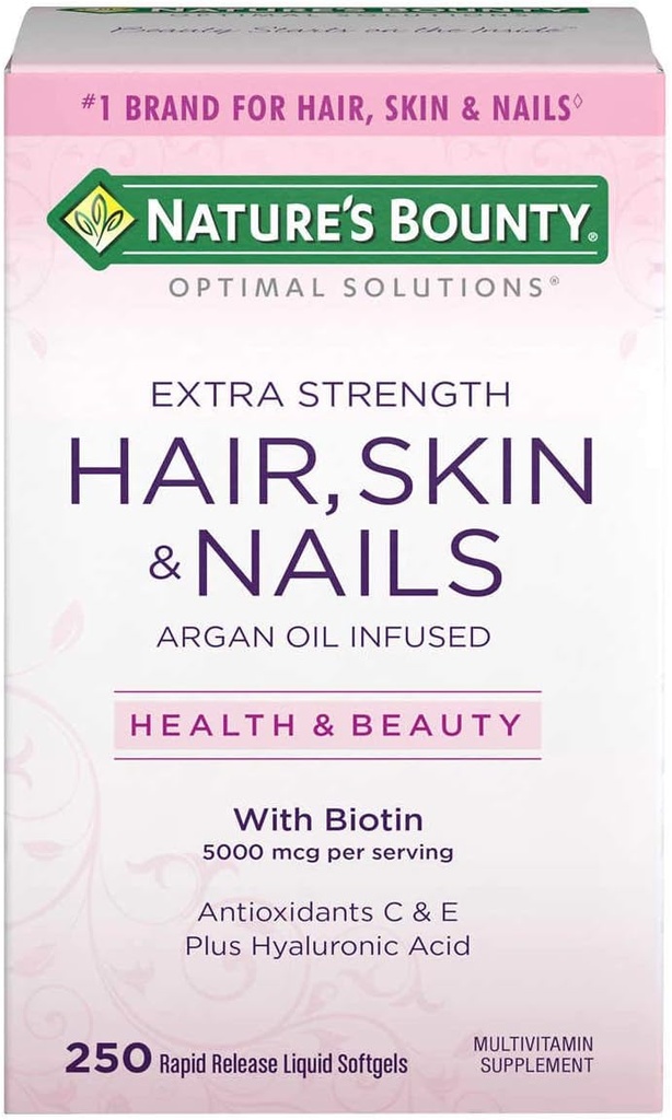 Nature's Bounty Hair Skin and Nails 5000 mcg of Biotin - 250 טבליות coated Tablets סדירות ותוספת כוח (Extra Strength, Two Bottles Every of 250 Softgels)