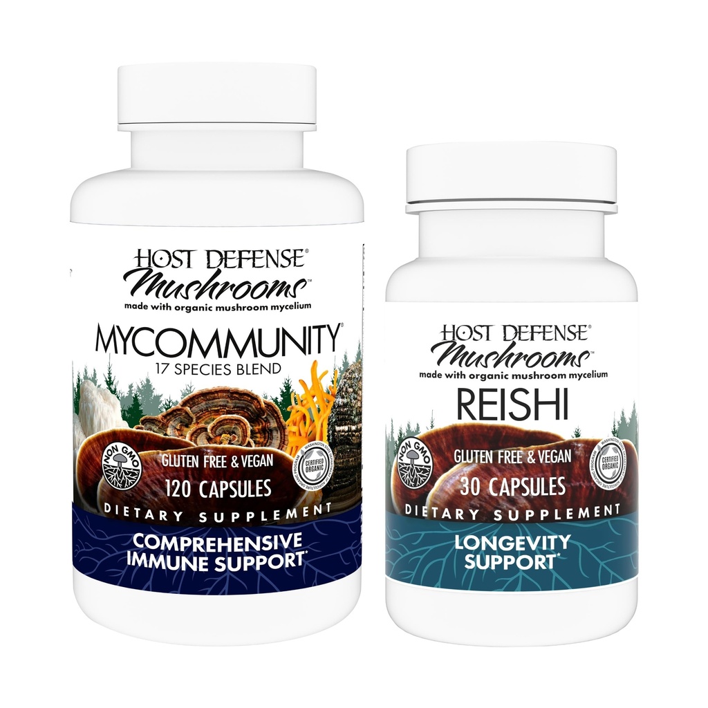 Host Defense MyCommunity קפסולות, 120 Count & Reishi קפסולות, 30 Count - תמיכה בבריאות החיסון עם 17 מינים Mushroom - תמיכה בבריאות המוח, זיכרון וריכוז *