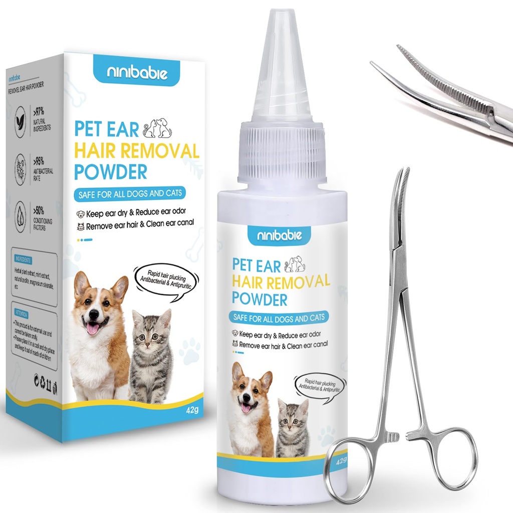 Dog Ear Powder for Hair Removal Kit – 42g Ear Powder for Dogs with Curved Grooming Tweezers, Helps Remove Excess Ear Hair & Reduce Odor for Poodles, Schnauzers, Shih Tzus & Other Breeds