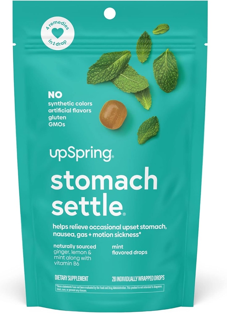 UpSpring Stomach Settle טיפות עבור Occasional Nausea הקלה / Upset Stomach עם ג'ינג'ר, לימון, Spearmint, ו B6. Mint Flavor טיפות, 28 Ct(Packaging May Vary)