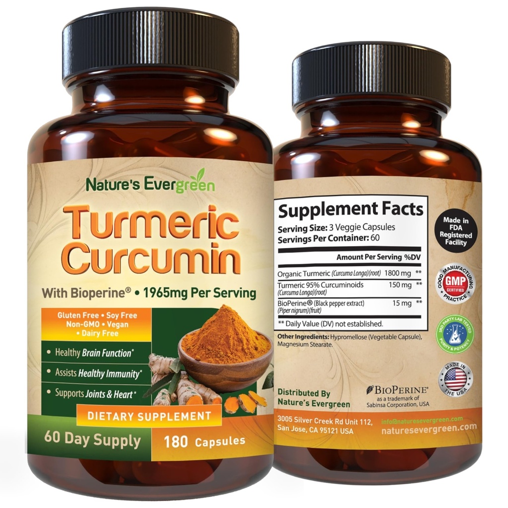 כורכומין Turmeric Curcumin עם Black Pepper (Bioperine) & אורגני Turmeric טבעוני תוספת תמיכה משותפת. להפיק 95% Curcuminoids 1965 מ"ג תוספת עבור תמיכה בריאה & Immune. 180 קפסולות