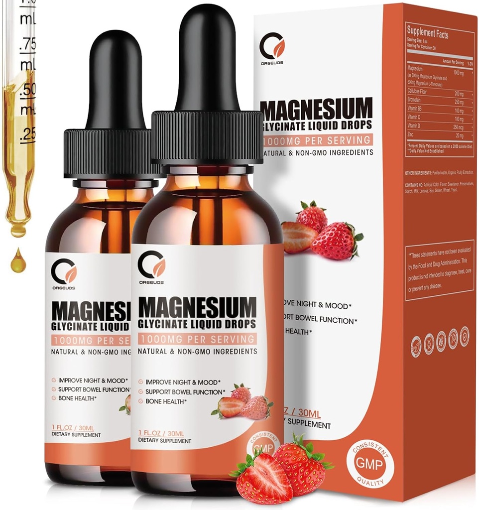 Magnesium Glycinate נוזל טיפות, 1000 מ"ג נוזל מגנזיום תוספת עם Bromelain, ויטמין B6 C D, גבוה Absorption Magnesium Complex for Night, שריר ותמיכה אנרגיה, 1 Fl Oz (Pack של 2)