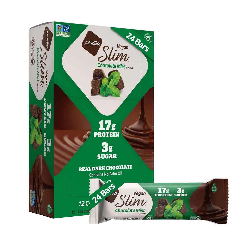 Nugo Slim Dark Chocolate Mint, 18g חלבון טבעוני, 3g סוכר, 6g סיבים, נמוך Net Carb, Keto Friendly, Gluten Free, 24 Count
