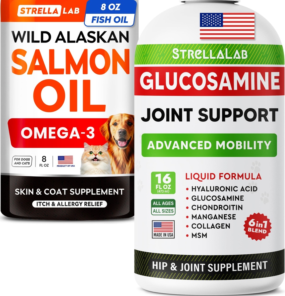 STRELLALAB Salmon Oil + Glucosamine Bundle – Omega 3 for Skin, Coat & Itch Relief + Joint, Mobility & Pain Support – EPA+DHA, Glucosamine, MSM, Collagen – 24 Fl Oz Liquid Supplement – Made in USA