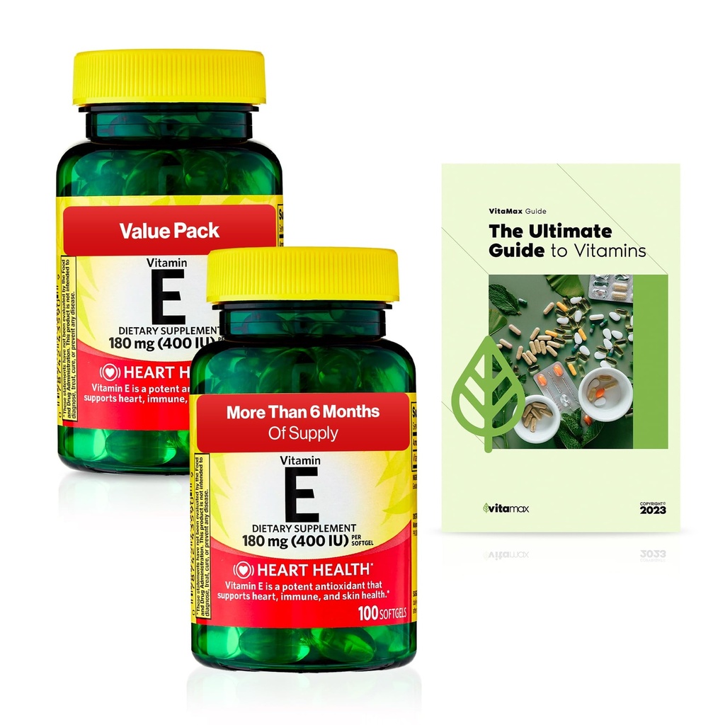 Spring Valley ויטמין E Heart Health Dietary Supplementgels, 180 מ"ג (400 IU), 200 Count, 2-Pack + בלעדי VitaMax ויטמין Guide (3 פריטים)