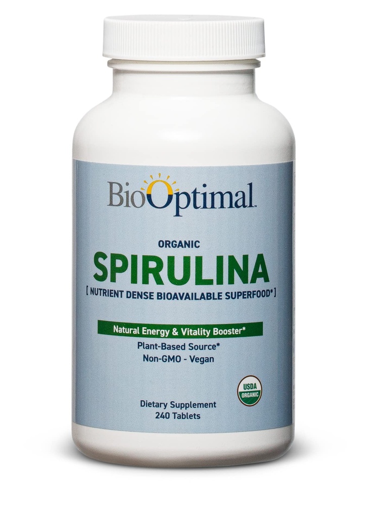 BioOptimal Organic Spirulina Tablet - אורגני, non-GMO, No Additives או Fillers - 500 מ"ג פרימיום איכות תזונה תוספת עם ויטמינים, מינרלים ואנטיoxidants (240 טבליות)