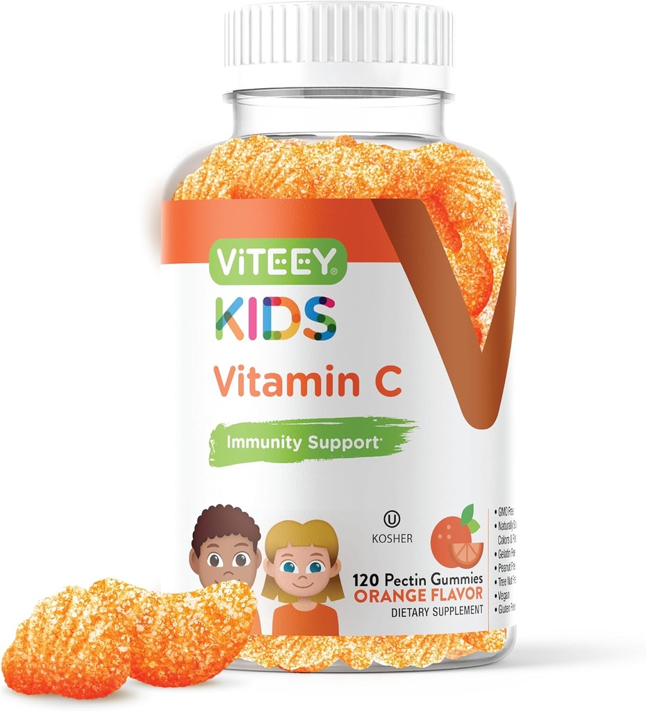 Viteey Kids ויטמין Cmies - תמיכה כספית לילדים, טודלרים ומתבגרים - טבעוני, Gelatin חינם, Gluten Free, GMO חינם - Tasty Chewable Orange Flavored Immunity חניכיים