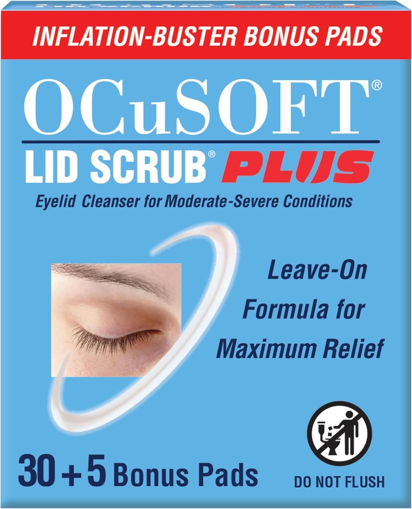 OCuSOFT Lid Scrub PLUS 35 - Pre-Moistated Leave-On Eyelid Wipes for Moderate to Severe Conditions - Moisturizing Eyelid Cleanser for מקסימום הקלה - 35 Count
