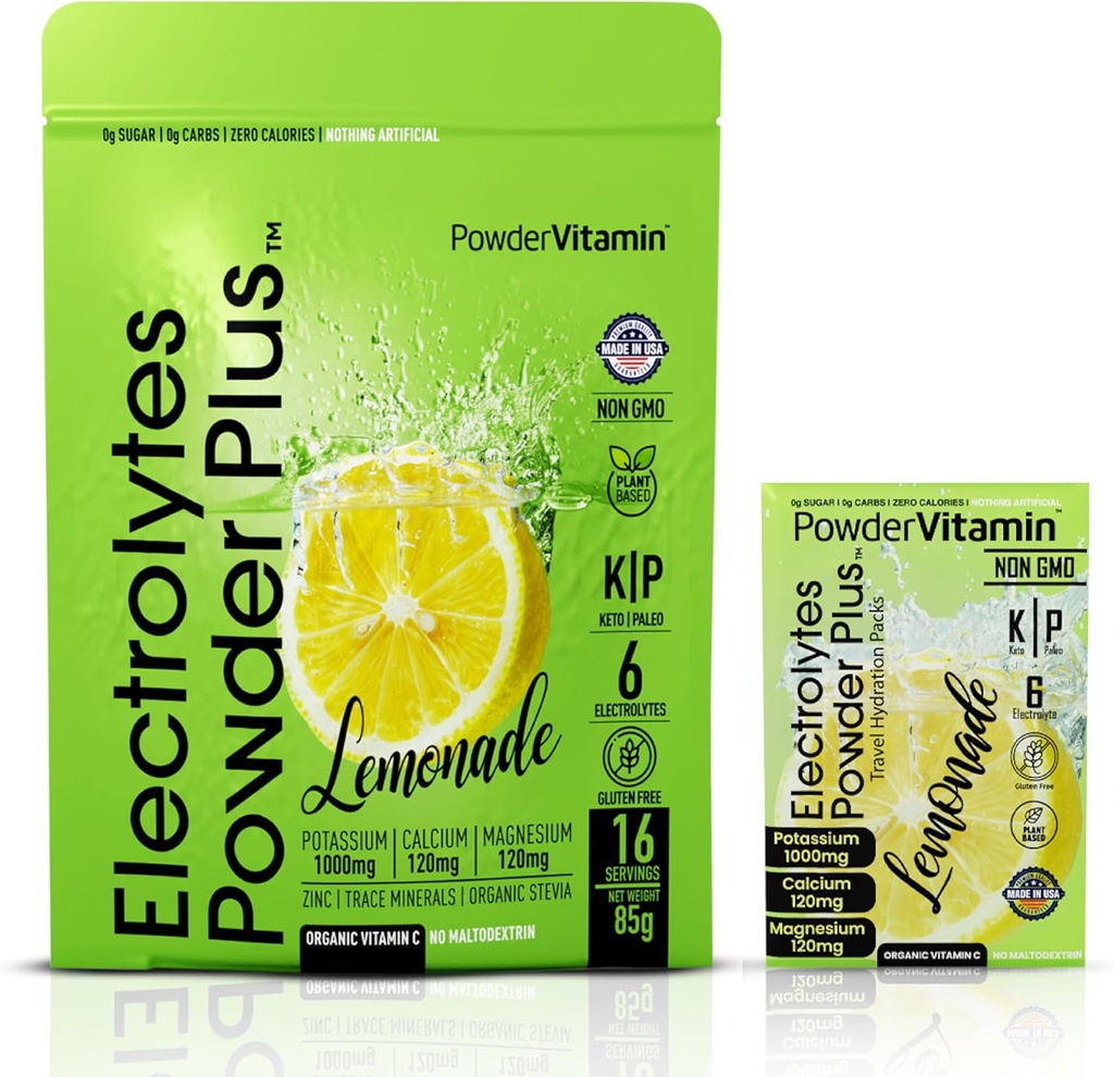 אבקת Vitamin אלקטרוליטים אבקת פלוס, Keto, Lemonade, סוכר חינם, מלח ההימלאיה ורוד, 1000 מ"ג Potassium, 120 מ"ג Calcium, 120 מ"ג מגנזיום, Non-GMO, Zero Calories, (16 hydrotion Packets)