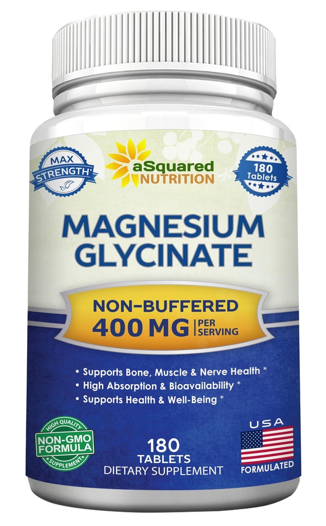 ASquared Nutrition Magnesium Glycinate 400 מ"ג - 180 טבליות - Max Power Magnesium Bisglycinate תוסף -MAXimum Bioavailability & Absorption- non-GMO - לא Buffered-Supports השרירים, העצמות והלב