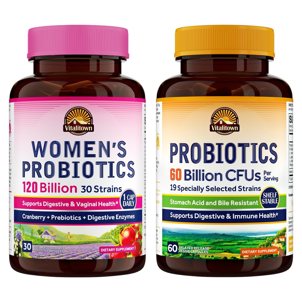 Vitalitown Probiotic Bundle (Pack of 2) | Women's Probiotics 120 מיליארד (Item 1) & Probiotics 60 מיליארד (Item 2) | Shelf Stable | בריאות נשים ונשים | 30 משרת כל אחד