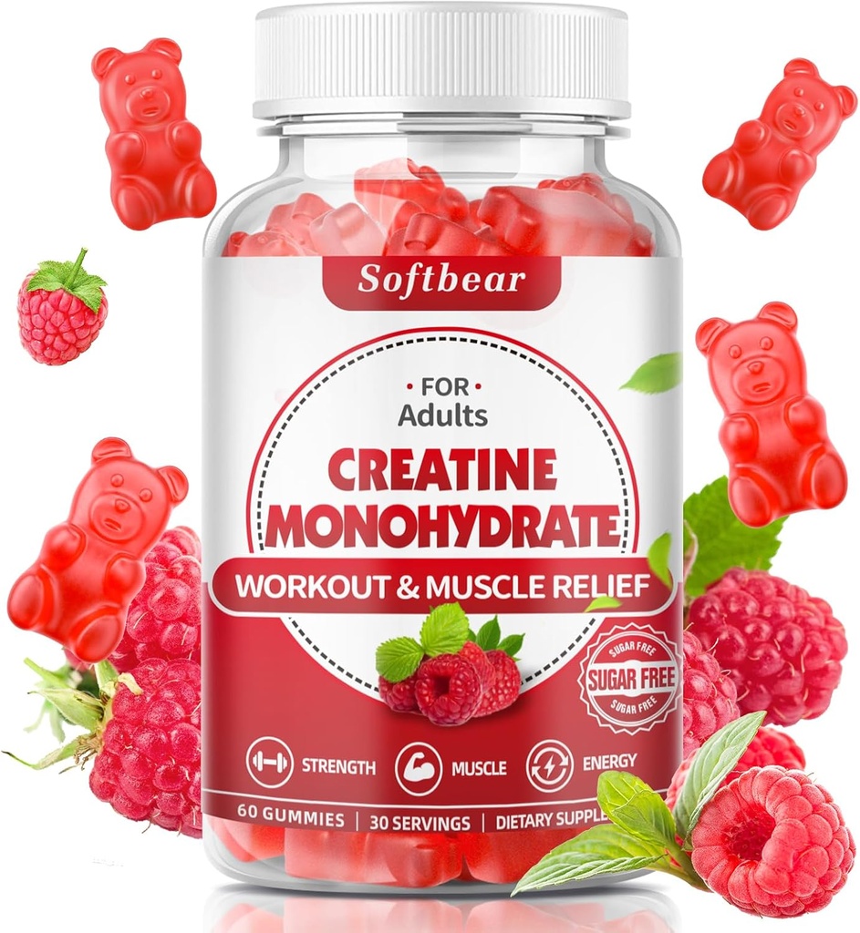 Softbear Creatine Monohydrate חניכיים עבור גברים נשים, טבעוני Creatine תוספת 5000 מ"ג Creatine HCL Pre Workout חניכיים עבור שריר בונה כוח פטל פלאדור 60 הרוזן