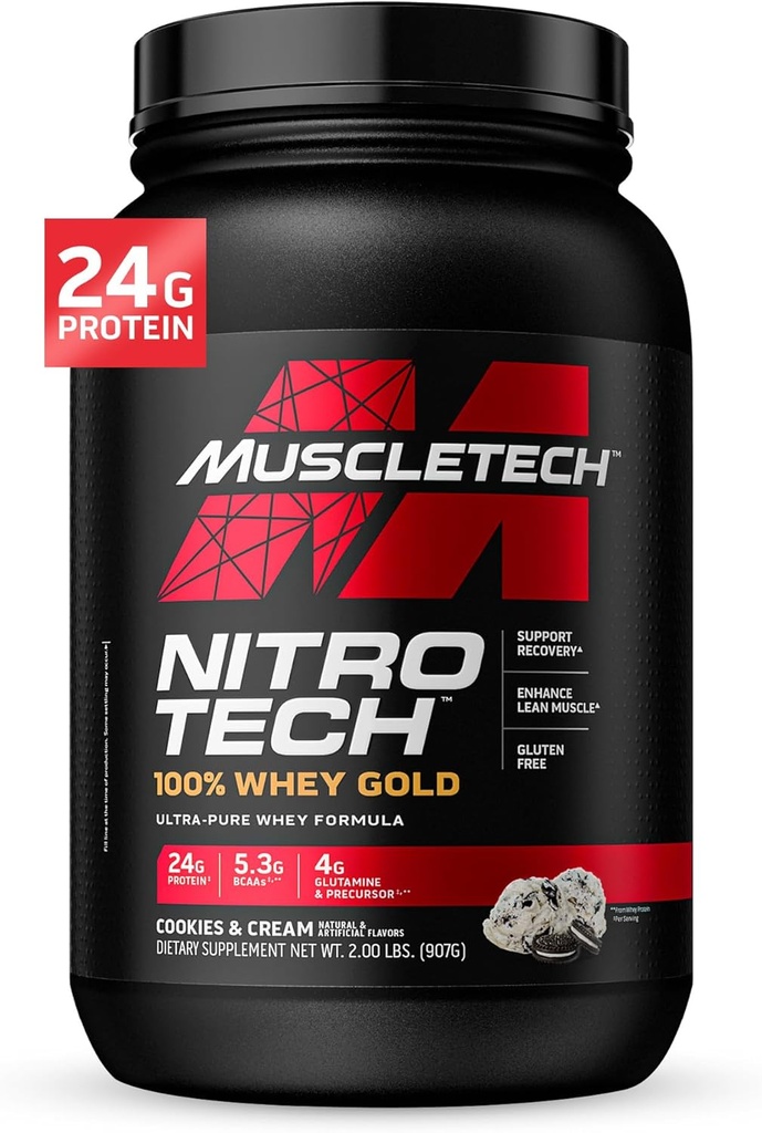 אבקת חלבון שרירית Whey, Nitro-Tech Whey Gold אבקת חלבון, חלבון Whey חלבון Isolate Smoothie Mix, אבקת חלבון עבור נשים וגברים , קובצי Cookie ו Cream, 2 lb (28 משרתים) - החבילה עשויה להשתנות עשוי להשתנות