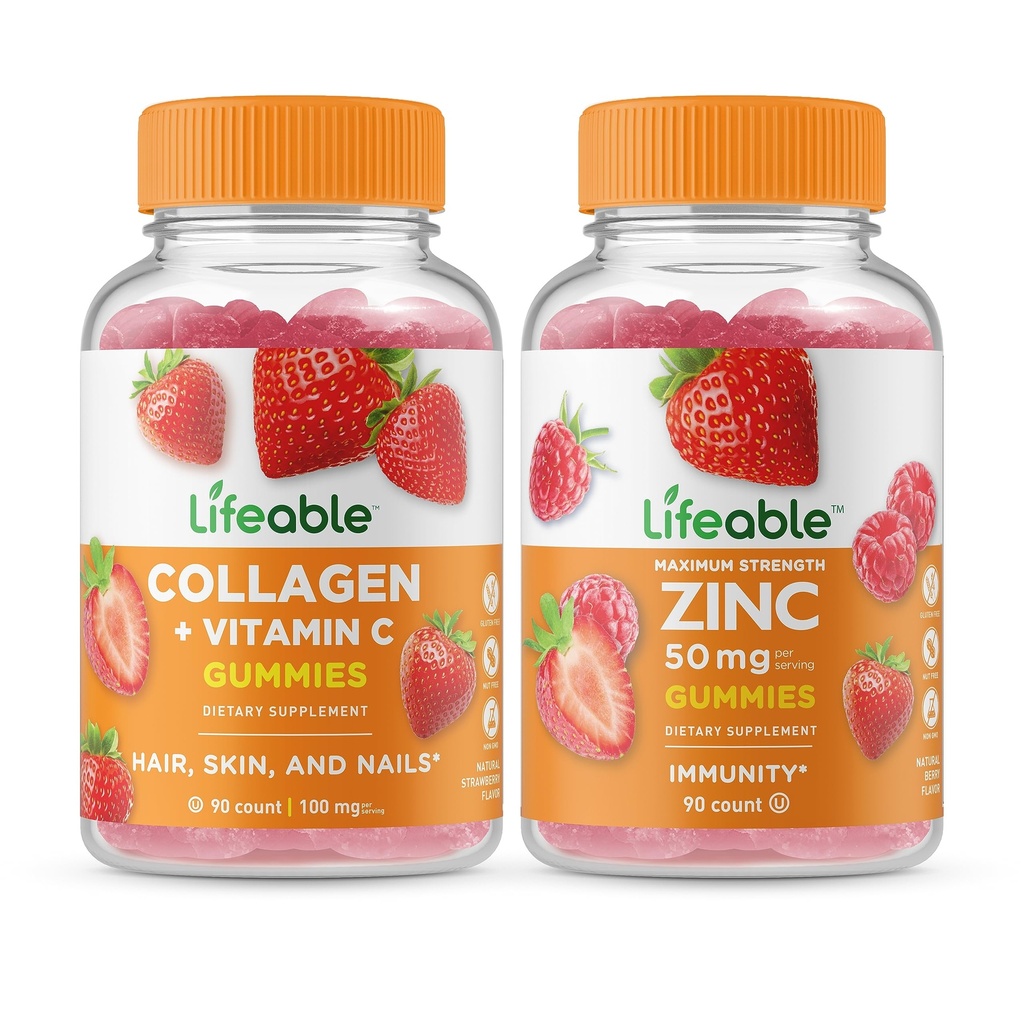 Lifeable Collagen & ויטמין C + Zinc 50 מ"ג, חניכיים Bundle - גדול Tasting, ויטמין תוסף, Gluten Free, GMO Free, Chewable Gummy