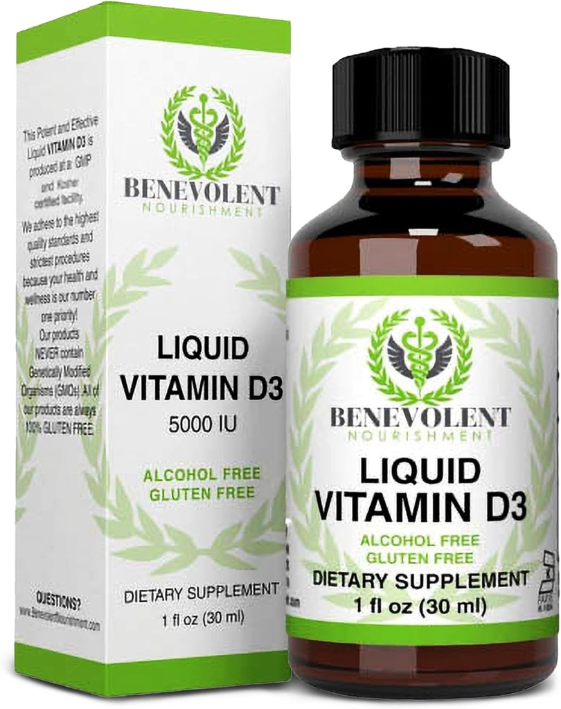 Benevolent Nourishment ויטמין D3 Drops 5000 IU - Potent & יעיל 1000 IU ל Drop - תוספת מהירה Absorbing נוזל דיאטה - 100% אלכוהול וגלוט חינם