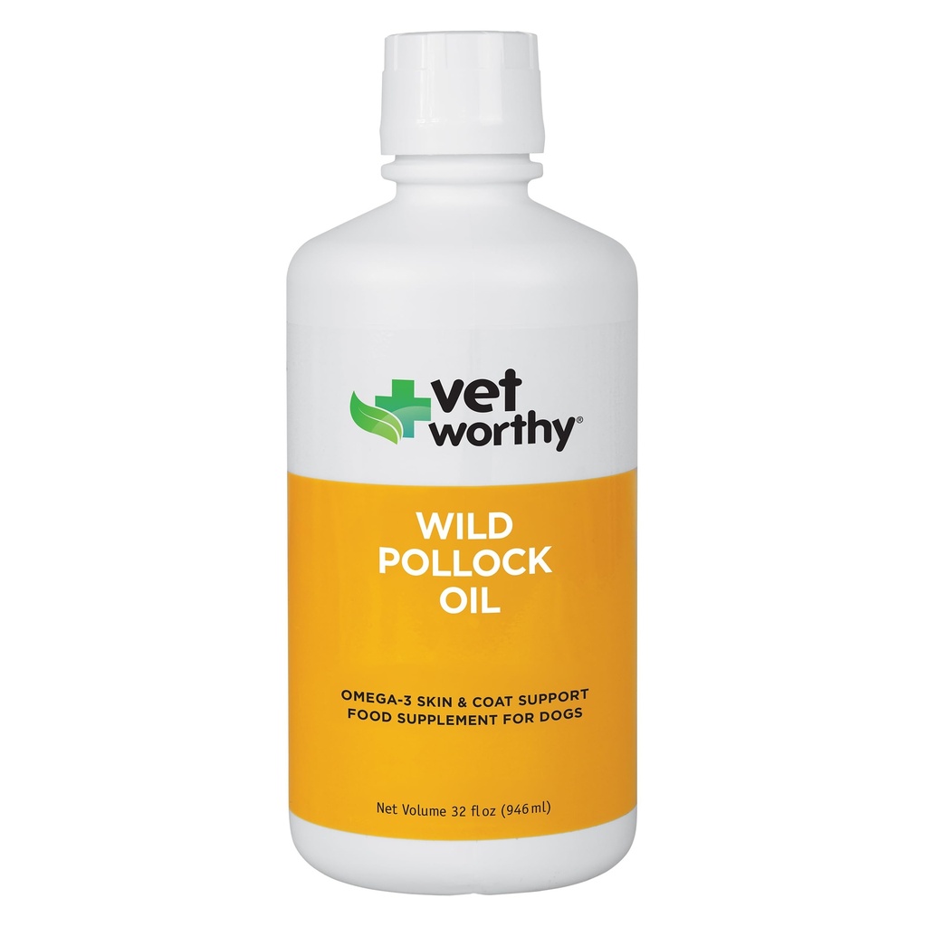 Vet Worthy Wild Pollock Oil for Dogs - All Natural Dog Supplement to Promote Skin and Coat, Heart, and Immune System Support - Liquid Fish Oil for Dogs - Easy to Use Mess-Free Bottle - 32 fl oz