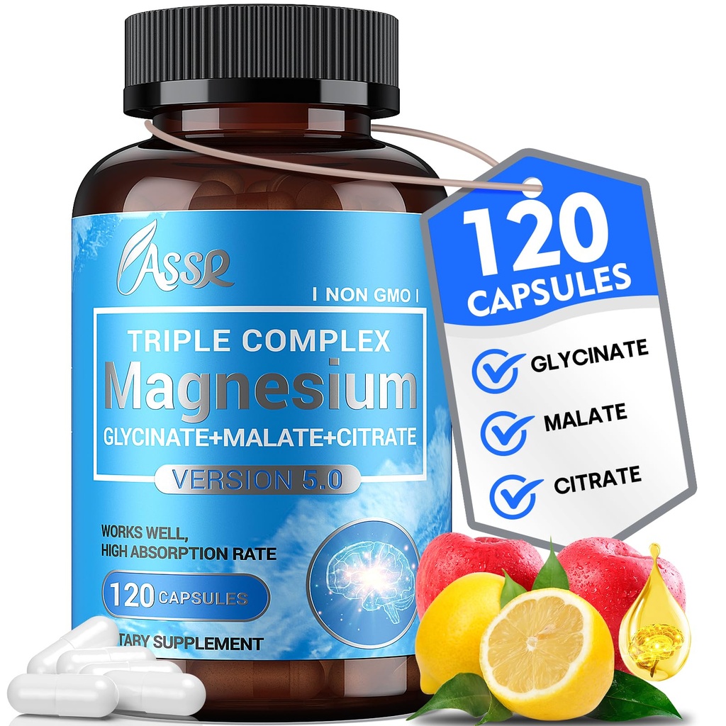 ASSR משולש Magnesium Complex - 300mg Magnesium תוסף עם Glycinate, Malate & Citrate - תמיכה מרגיעה, שריר ותפקוד עצבי - גבוה Absorption, טבעוני, non-GMO, 120 קפסולות