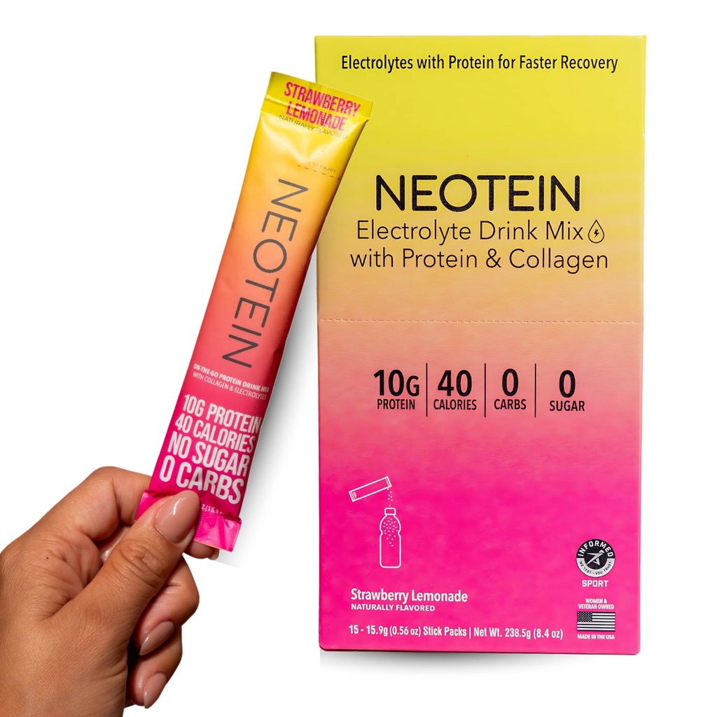 NEOTEIN: אבקת דלקות אלקטרוליטיות, אבקת חלבון עם 10g חלבון וקולג'ן | hydrotion Packets - Zero Sugar, no Fillers, no Carbs | Strawberry Lemonade | 40 Calories | Keto & Paleo | חבילת 15
