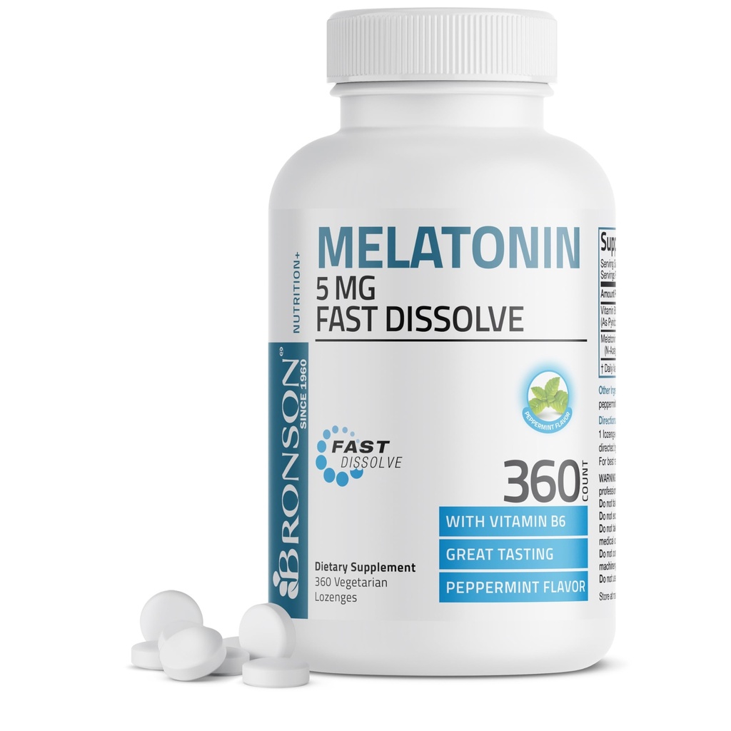 ברוונסון מלטונין 5 מ"ג מהיר Dissolve Peppermint Tablet עם ויטמין B6 - מקדם הירגעות, 360 Vegetarian Chewable Lozenges