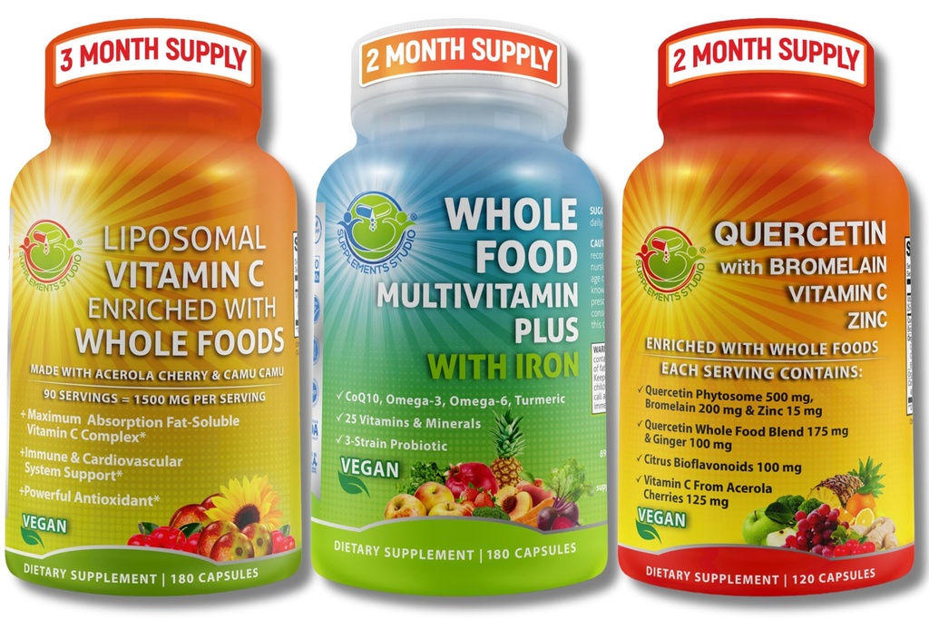 SUPPLEMENTS STUDIO Immune, Energy & Whole Body Support Bundle - טבעוני מזון רב ויטמין עם ברזל + Liposomal ויטמין C 1500 מ"ג + Quercetin עם Bromelain, Zinc, ויטמין C - Non-GMO