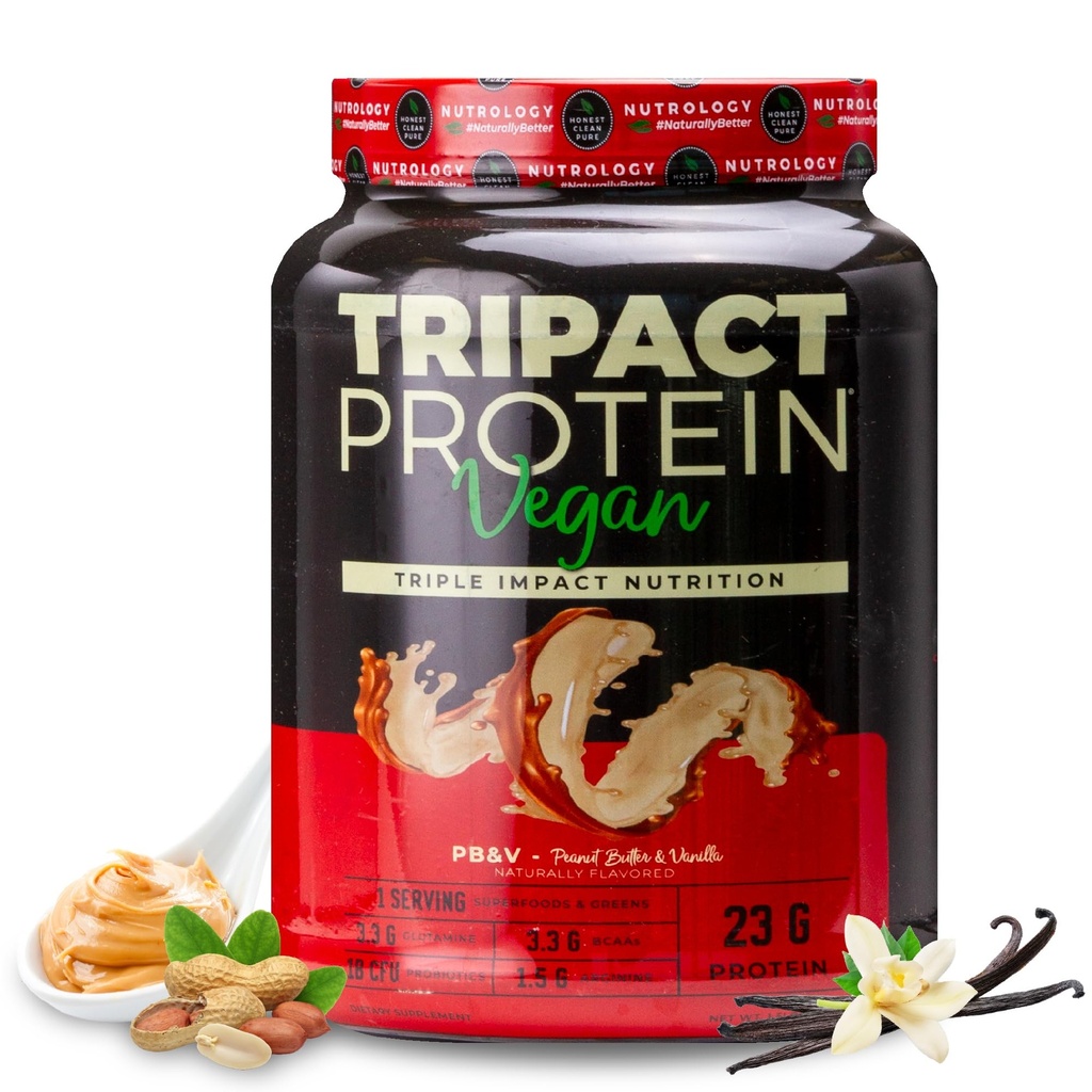 Nutrology TRIPACT אבקת חלבונים טבעונית - אורגני Pea, Rice & Pumpkin חלבון, BCAAs & Glutamine צמחי החלפה Meal החלפה שקד עבור שריר התאוששות & Immunity, Peanut Butter & Vanilla, 20 משרתים