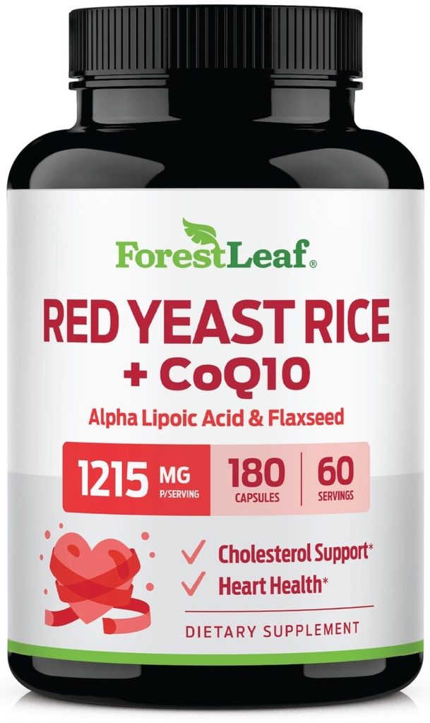 ForestLeaf Red Yeast Rice עם תוסף CoQ10 - 1215 מ"ג תוספת כוח אדום Yeast אורז קפסולות עם Alpha Lipoic Acid & Organic Flaxseed, Citrinin חינם - 180 קפסולות