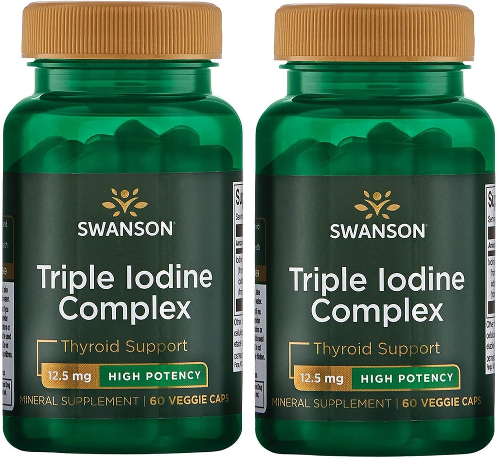 Swanson Triple Iodine Complex-Natural תוסף Vital Thyroid Support-Promotes Metabolic Function, הגדלת Red Blood Cell הפקה, & Heart Health-(60 קפסולות, 12.5 מ"ג כל אחד) 2 Pack