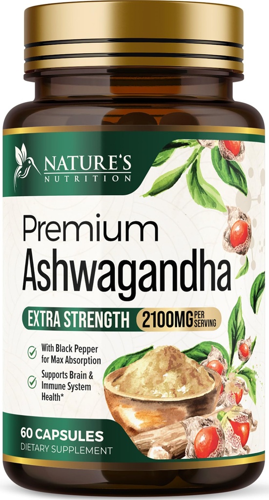תוספי Ashwagandha - 2100mg Ashwgandha קפסולת לנשים וגברים, תמיכה טבעית נגד חמצון, Ashwa Root Extract, תוספת כוח תמיכה עם Black Pepper, טבעוני וגלוטן חינם - 60 קפסולות