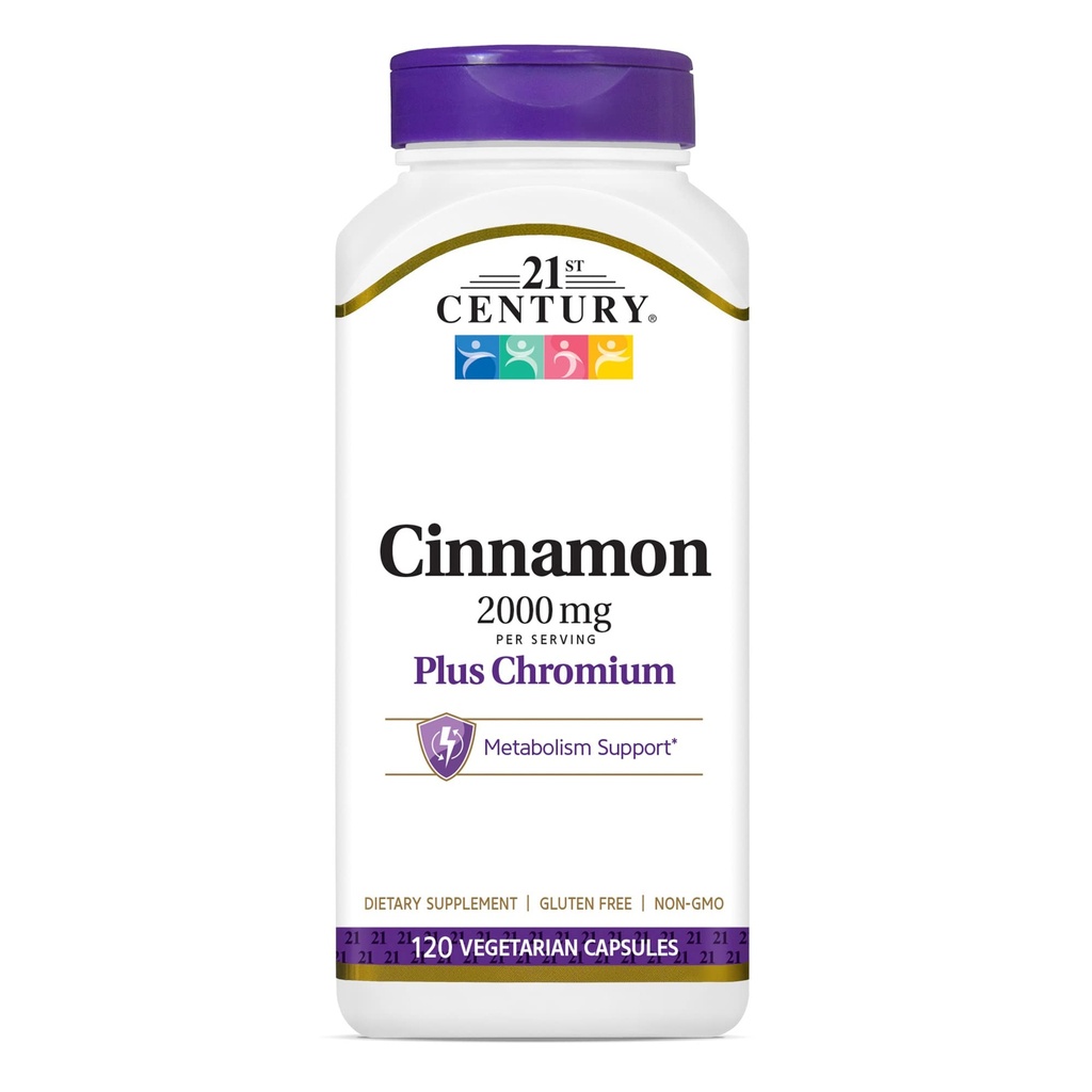 המאה ה-21 2000 מ"ג Cinnamon Plus Chromium Vegetarian קפסולות (120 Count), תוספי Cinnamon תומכים בסוכר & Carbohydrate Metabolism, Gluten-Free, non-GMO, לא הוסיפו Artificial Flavors
