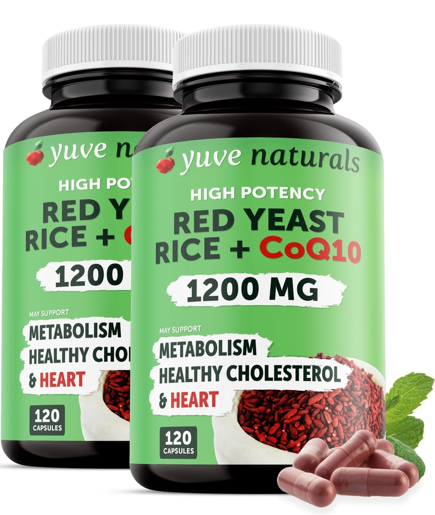 Red Yeast Rice 1200 מ"ג קפסולות עם CoQ10 - לשמור על רמות כולסטרול בריא, Herbal Heart Health טבעוני Red Yeast אורז תוספת - Red Rice Yמזרח עם CoQ10 לנשים וגברים - 120 Ct (2-Pack)