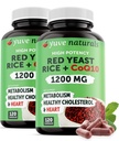 Red Yeast Rice 1200 מ"ג קפסולות עם CoQ10 - לשמור על רמות כולסטרול בריא, Herbal Heart Health טבעוני Red Yeast אורז תוספת - Red Rice Yמזרח עם CoQ10 לנשים וגברים - 120 Ct (2-Pack)
