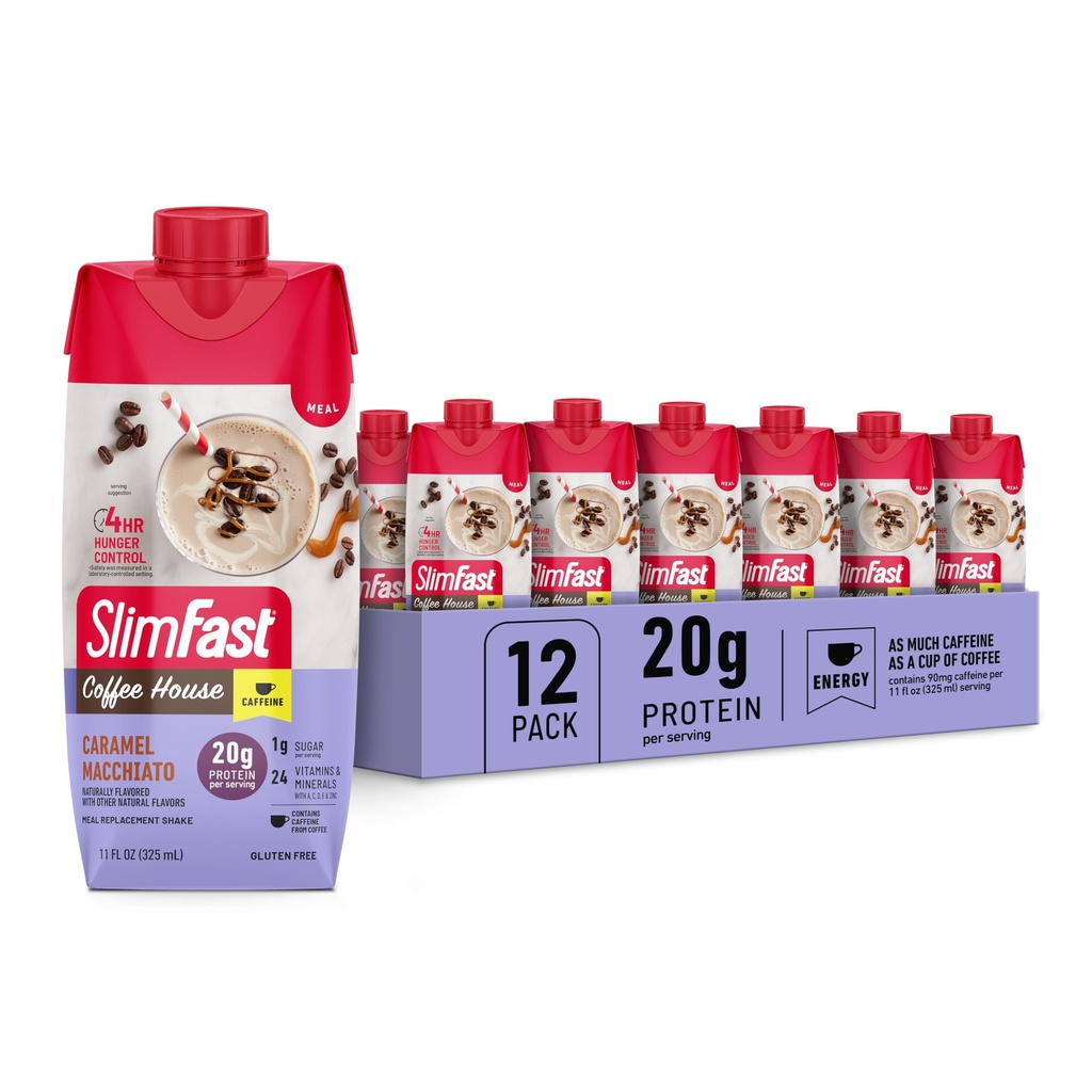 SlimFast חלבון שקד עם Caffeine, קארמל מאצ'יאטו- 20g חלבון, Mealחליפו Shakes, חלבונים גבוהים עם פחמימות נמוכות וסוכר נמוך, 24 ויטמינים ומינרלים, 12 ספירה (Pack של 1)