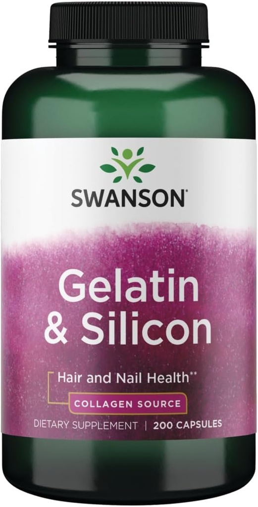 Swanson Gelatin וסיליקון - חלבונים קולג 'מתמוך שיער בריא וציפורים - עוזר לספק מינרלים Vital לציפורים חזקות שיער תיק - 20 מ"ג סיליקון ו 1.08 גרמות גלטין - (200 קפסולות)