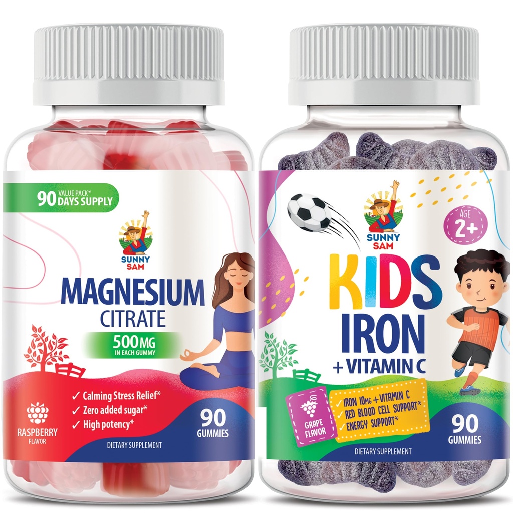 SunNY SAM Iron Gummies for Kids & Adults & Magnesium Gummies for Adults - 500 מ"ג - Calm Magnesium Chews - Magnesium Citrate Chewable for Mood & שריר תמיכה. ויטמין ברזל עם ויטמין C