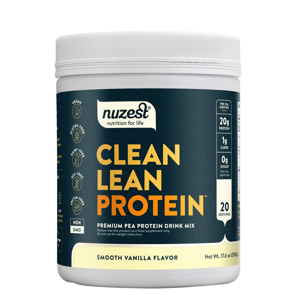 Nuzest - אבקת חלבון פי - חלב נקי Lean, Premium Vegan Plant Based, Milk Free, Gluten Free, GMO חינם, באופן טבעי Sweetened חלבונים שקד, Smooth Vanilla, 20 משרתים, 1.1 lb lb lb