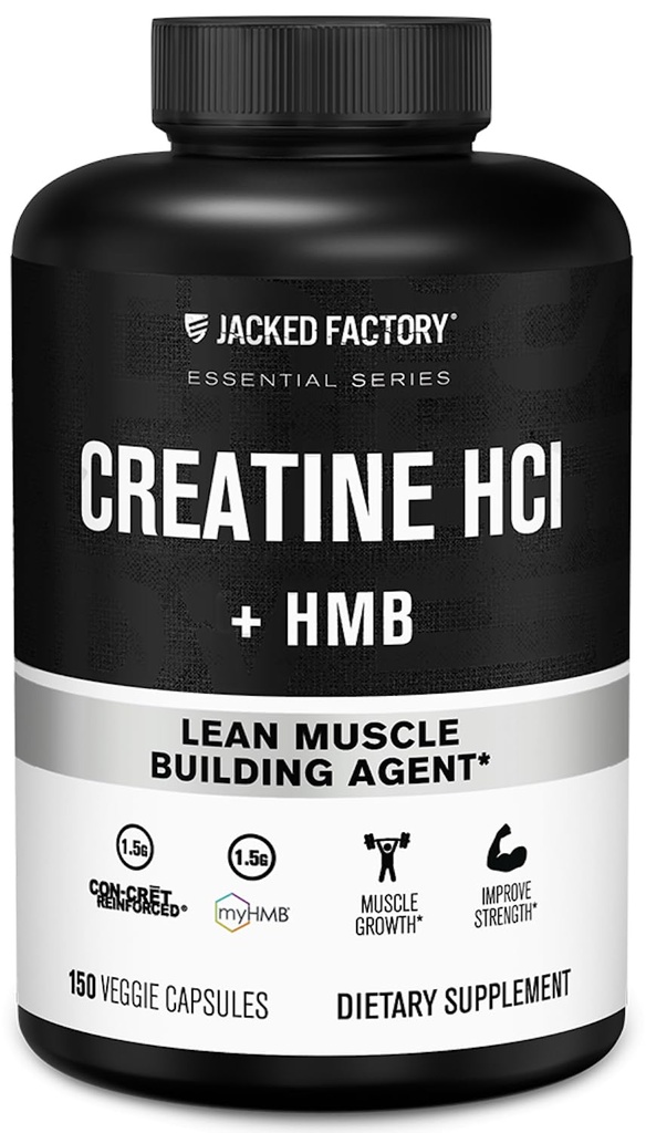 Jacked Factory Creatine HCL + HMB קפסולות - Synergistic CON-CRET, MyHMB, & ויטמין D פורמולה לשיפור הצמיחה, כוח, והפחתה של השרירים - 150 קפסולות