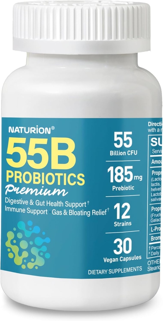 55B Probiotics Premium - 55 מיליארד CFU, 12 סטרינס, 185mg Prebiotic - Immune Support, Digestive & Gut Health - תומך ב- Occasional Constipation, Gas & Bloating - 30 קפסולות טבעוניות, 30 יום אספקת מזון