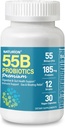 55B Probiotics Premium - 55 מיליארד CFU, 12 סטרינס, 185mg Prebiotic - Immune Support, Digestive & Gut Health - תומך ב- Occasional Constipation, Gas & Bloating - 30 קפסולות טבעוניות, 30 יום אספקת מזון