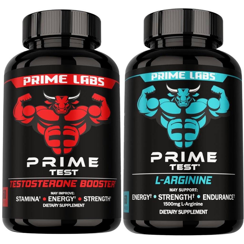 Prime Labs Prime Test טסטוסטרון Booster + L Arginine Nitric Oxide קפסולות - 60 Count Each