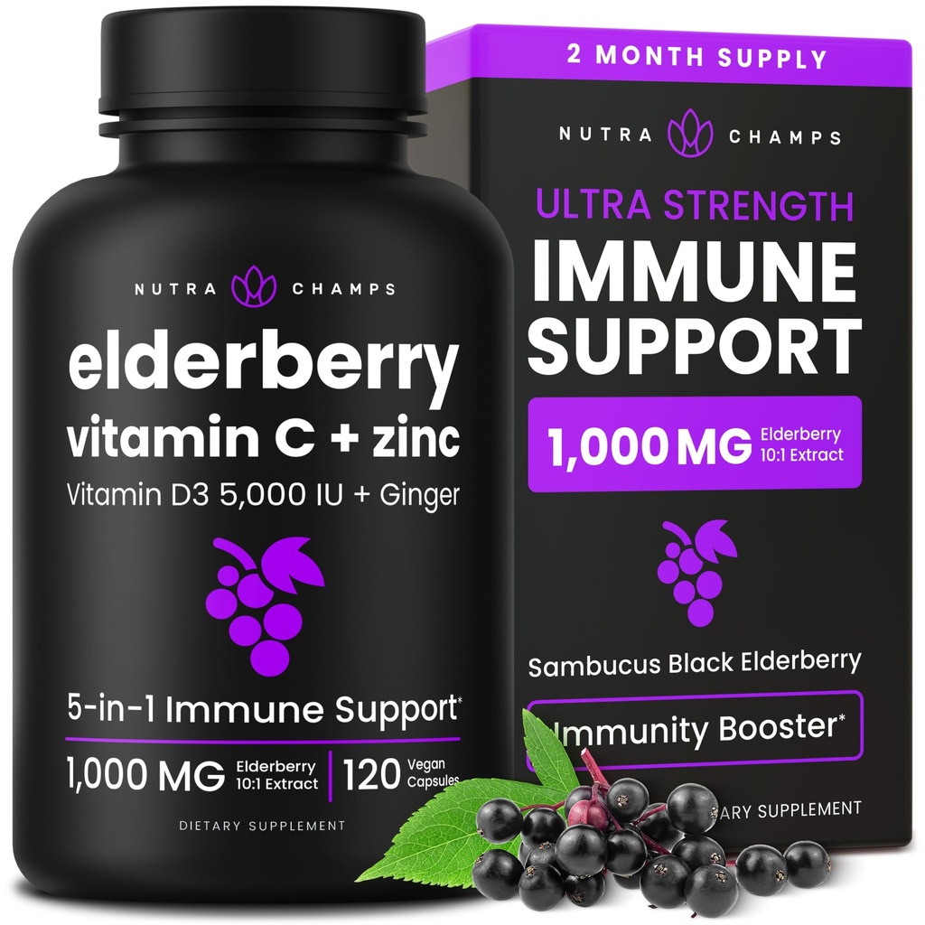 NutraChamps Elderberry עם ויטמין C ו Zinc - 5 ב 1 Immunity תוסף, 10,000mg Sambucus Black Elderberry קפסולות עם ויטמין D3 5000 IU, Sambucus Elderberry לחלץ תמיכה עבור מבוגרים