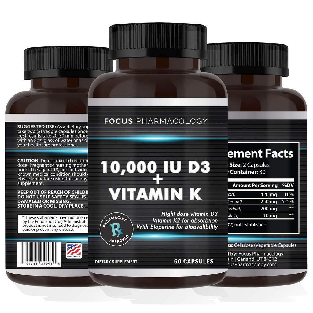 ויטמין K2 עם D3 תוספת כוח תוספת תוסף העצם | Heart non-GMO פורמולה 10,000 IU ויטמין D3 & 200 mcg ויטמין K2 (MK7) | Easy to Swallow ויטמין K & D, 60 קפסולות