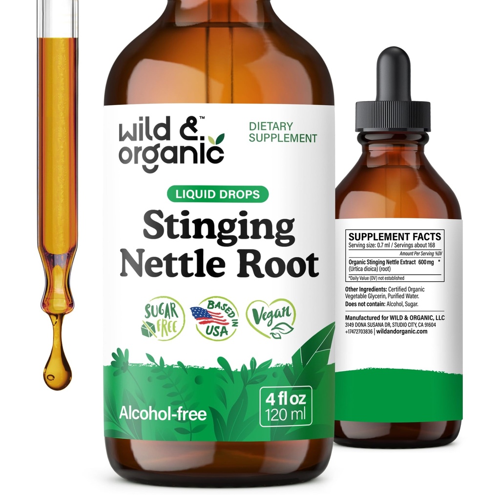 Wild & Organic Sting Nettle Tincture - Sting Nettle Root Extracts for Men & Women - נוזל אורטיקה דיויקה - טבעוני, סוכר ואלכוהול חינם - 4 fl oz
